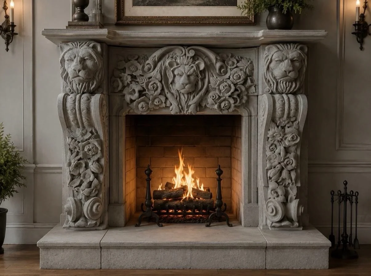 Ornate stone fireplace mantel with floral detailing and carved lions, featured by Allstone