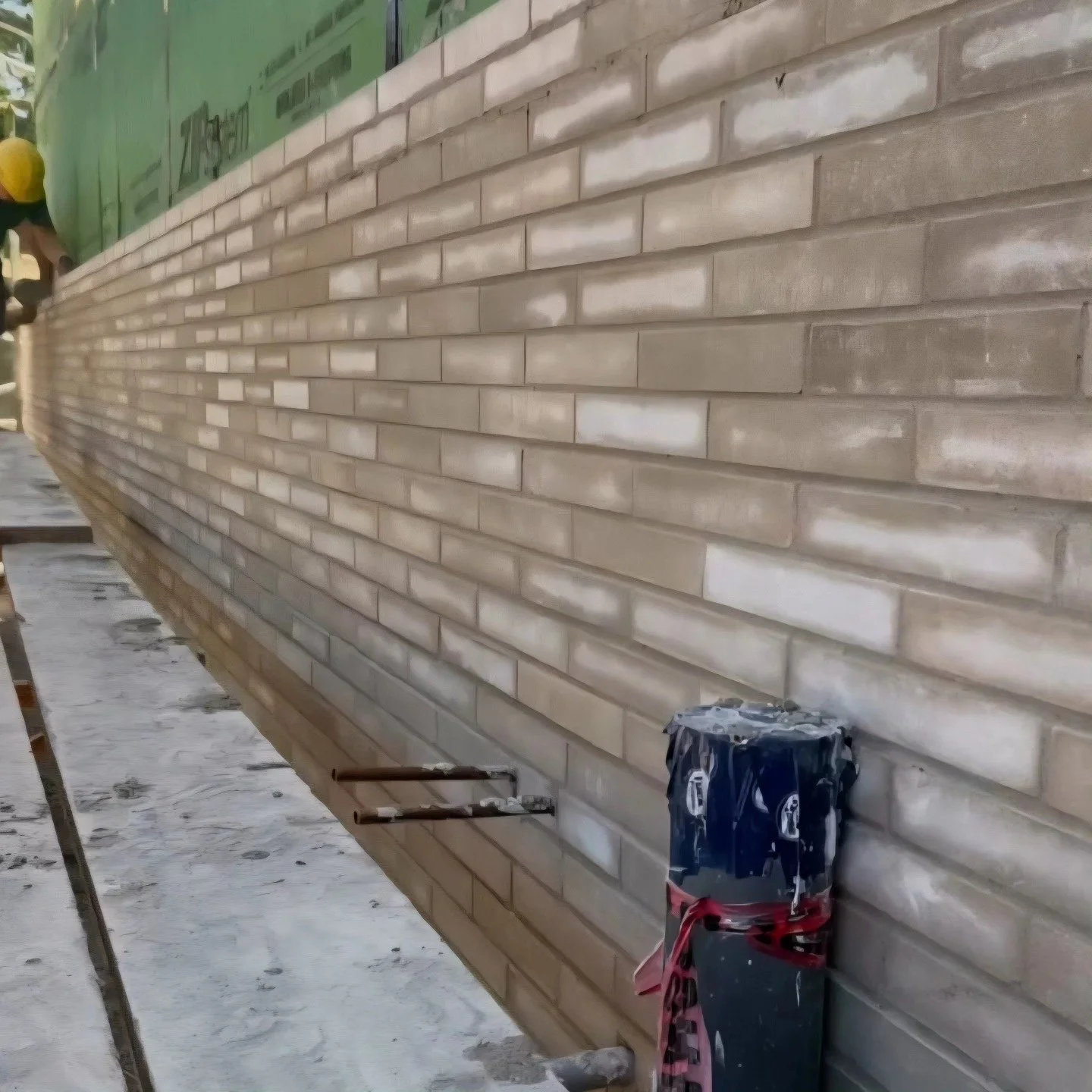 Light-coloured limestone brickwork during installation, with tools at the base of the wall