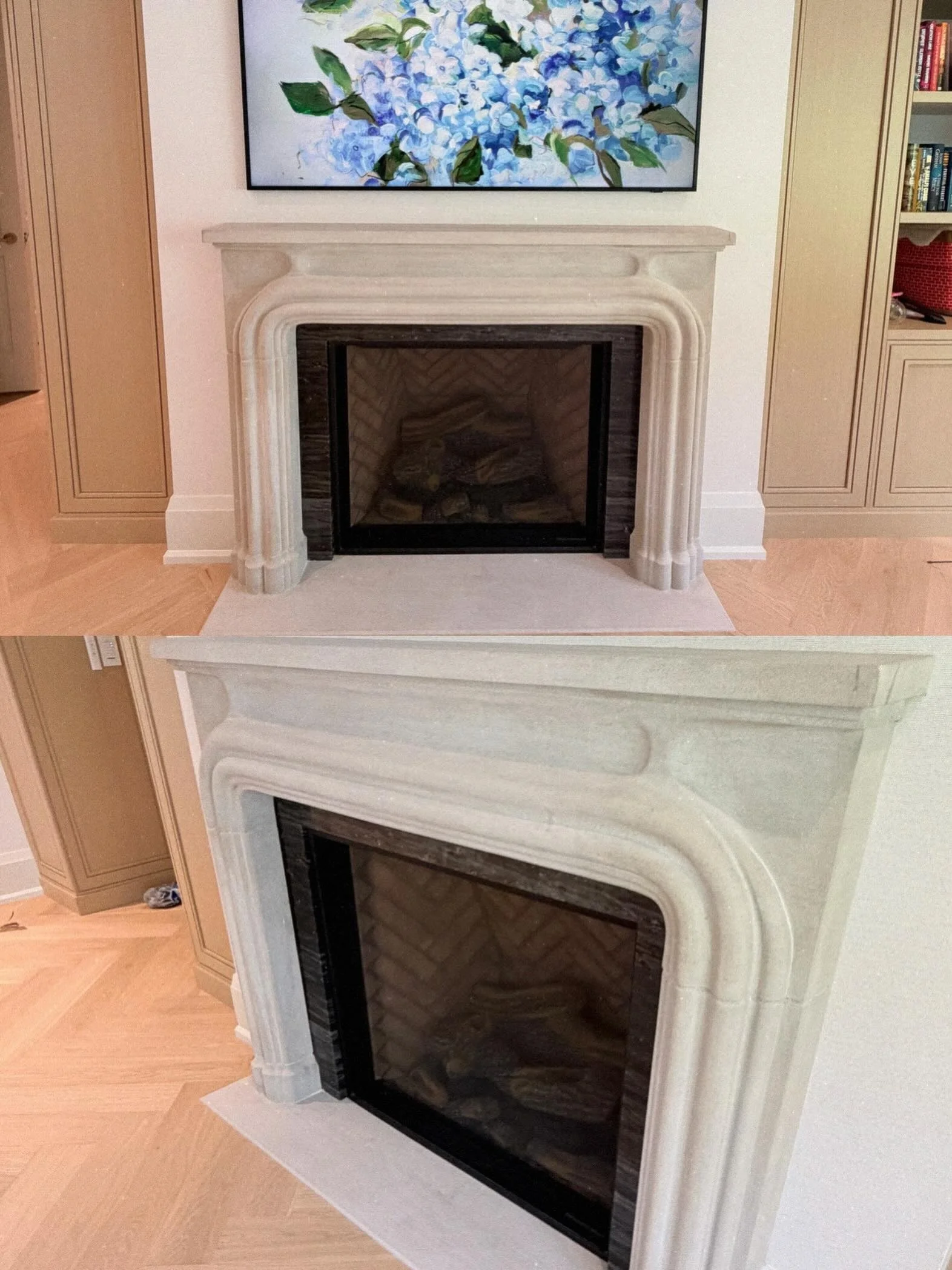 Two views of a pale custom limestone fireplace mantel and curved detailing