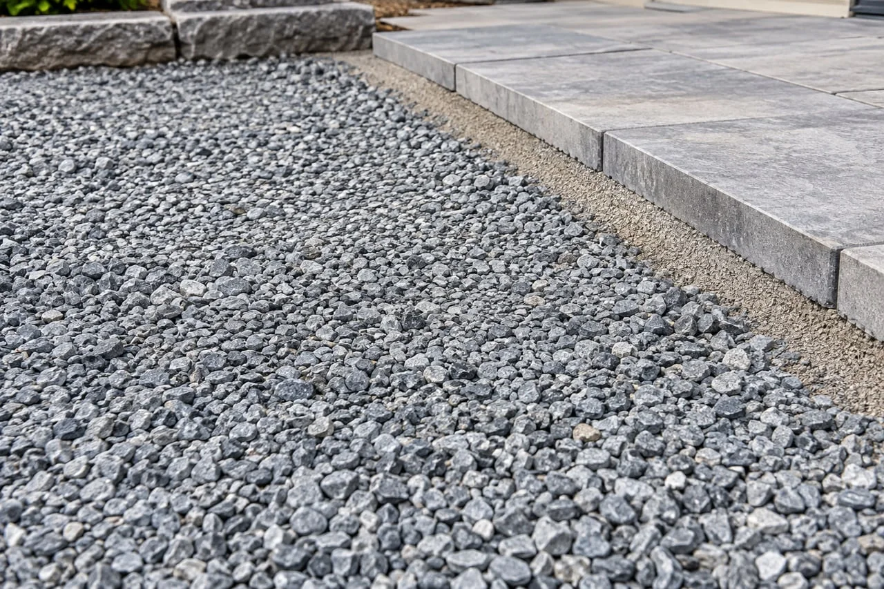 Compacted aggregate base and exposed bedding beneath a partly laid patio