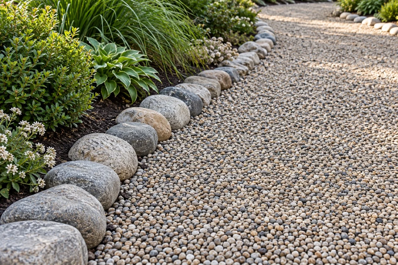 River rock border and pea-gravel path beside planting