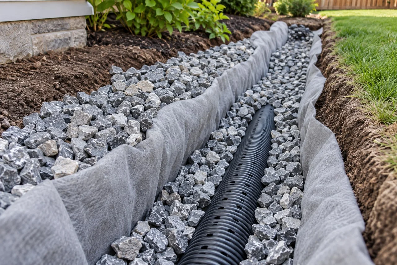 Clear stone surrounding a perforated drainage pipe in a geotextile-lined trench