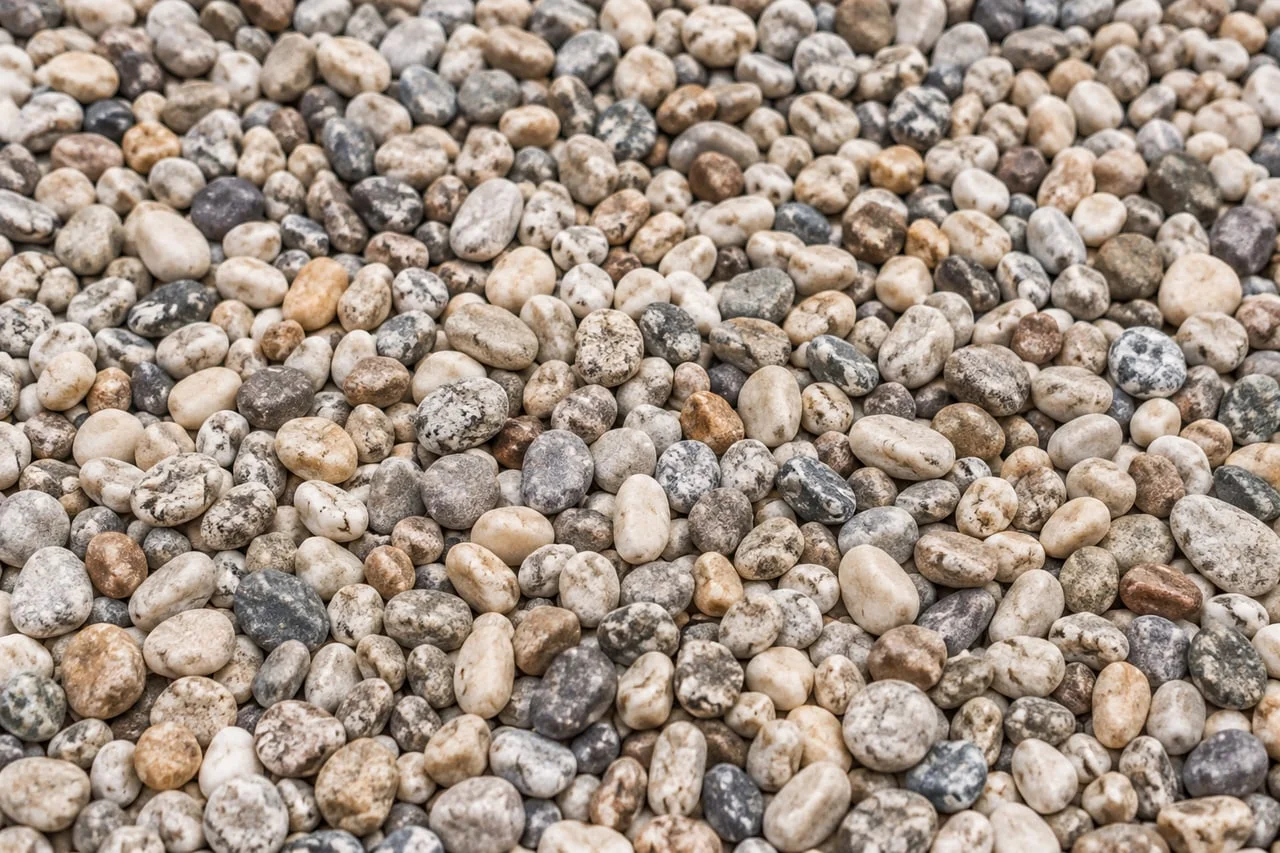 Small smooth pea gravel in natural cream, tan and grey tones