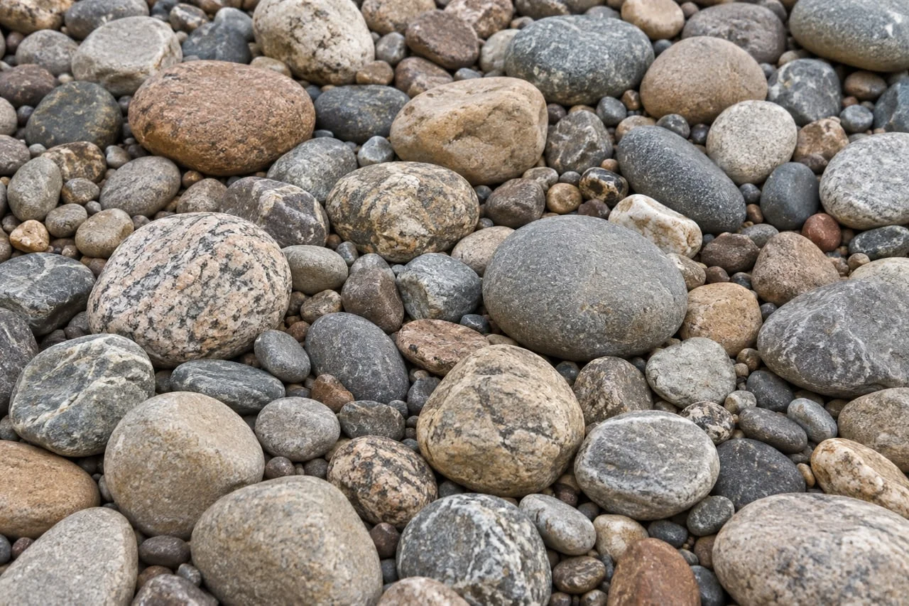 Larger rounded river rock in muted grey, tan and brown tones