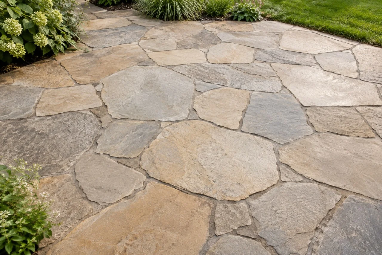 Illustrative concept of irregular natural flagstone paving in a planted garden