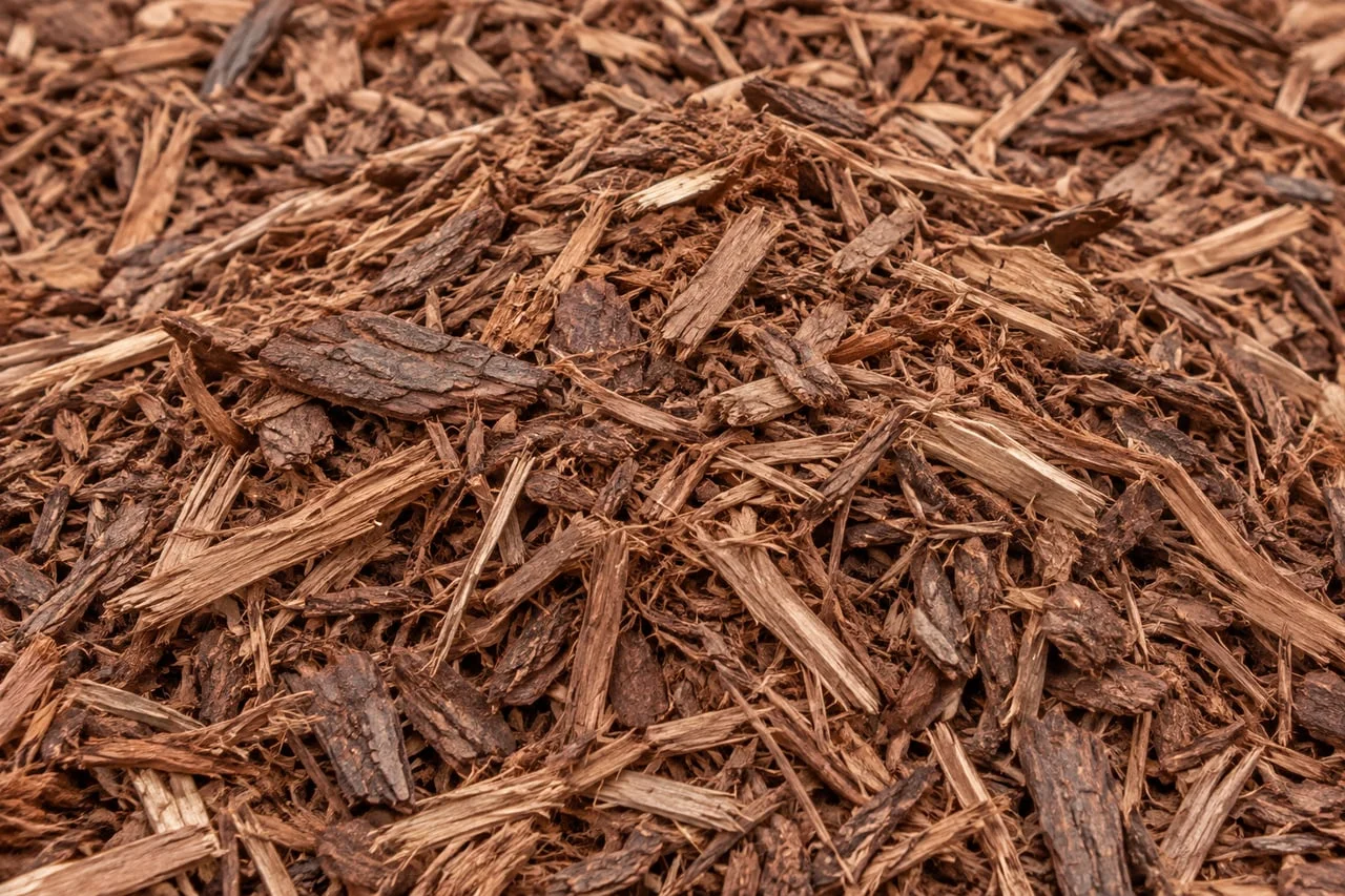 Natural brown shredded wood mulch with fibrous bark and wood chips