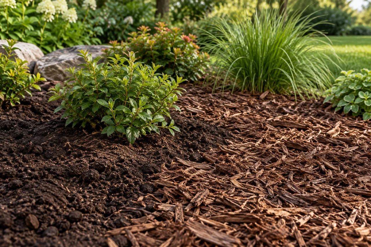 Illustrative reference of dark soil and brown wood mulch around garden planting