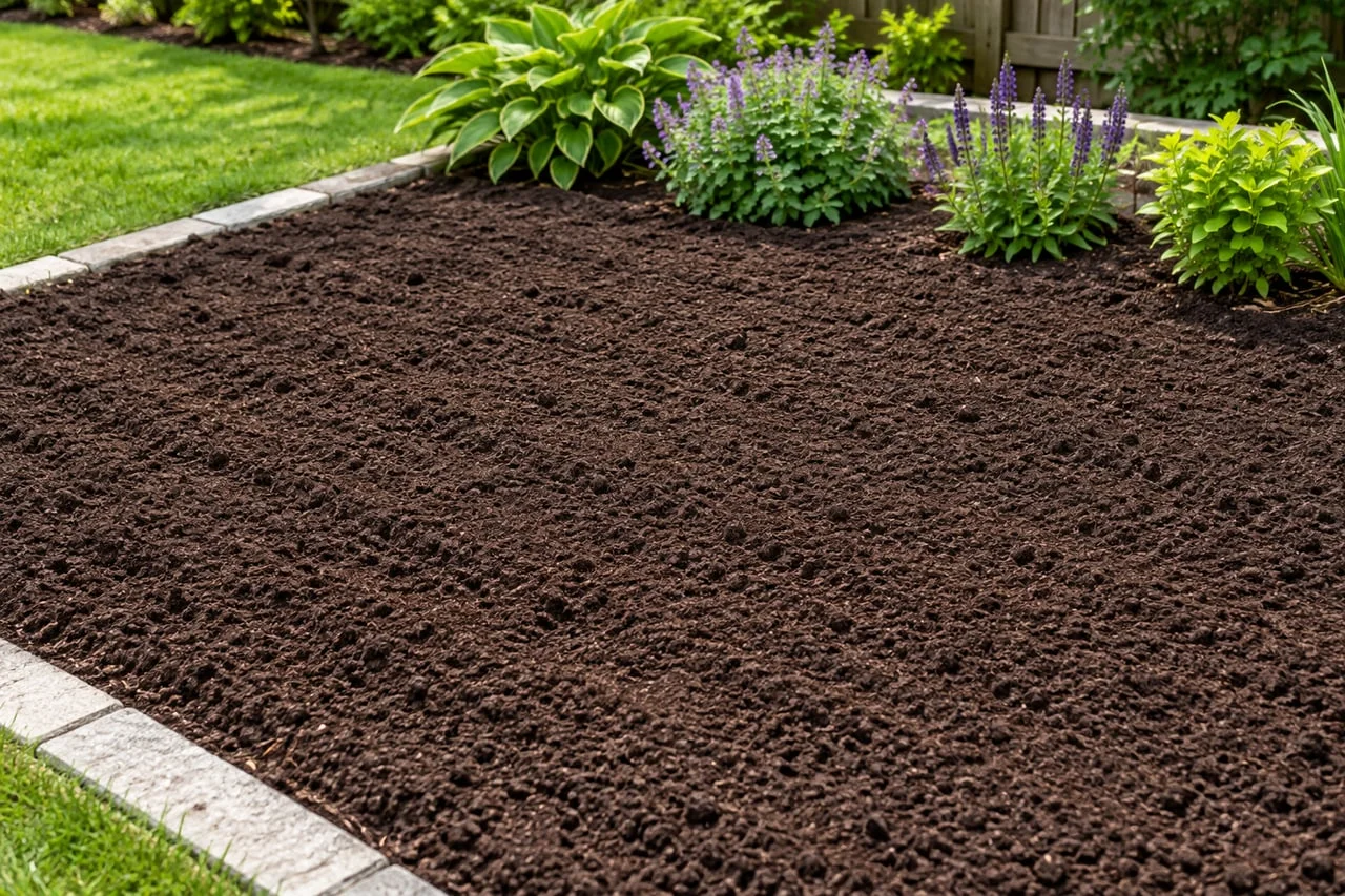 Fresh dark soil in a prepared planting bed with plants along the far edge