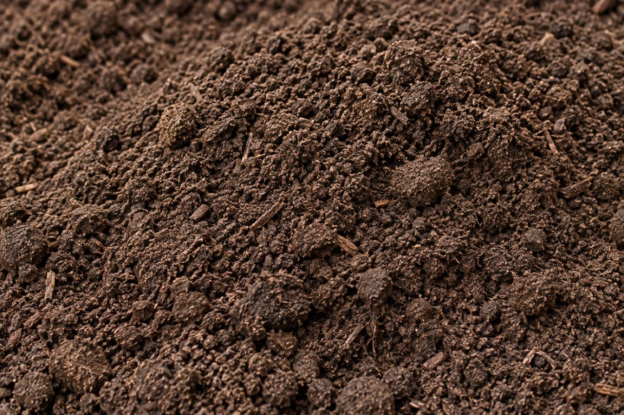 Dark brown screened soil with a fine crumbly texture